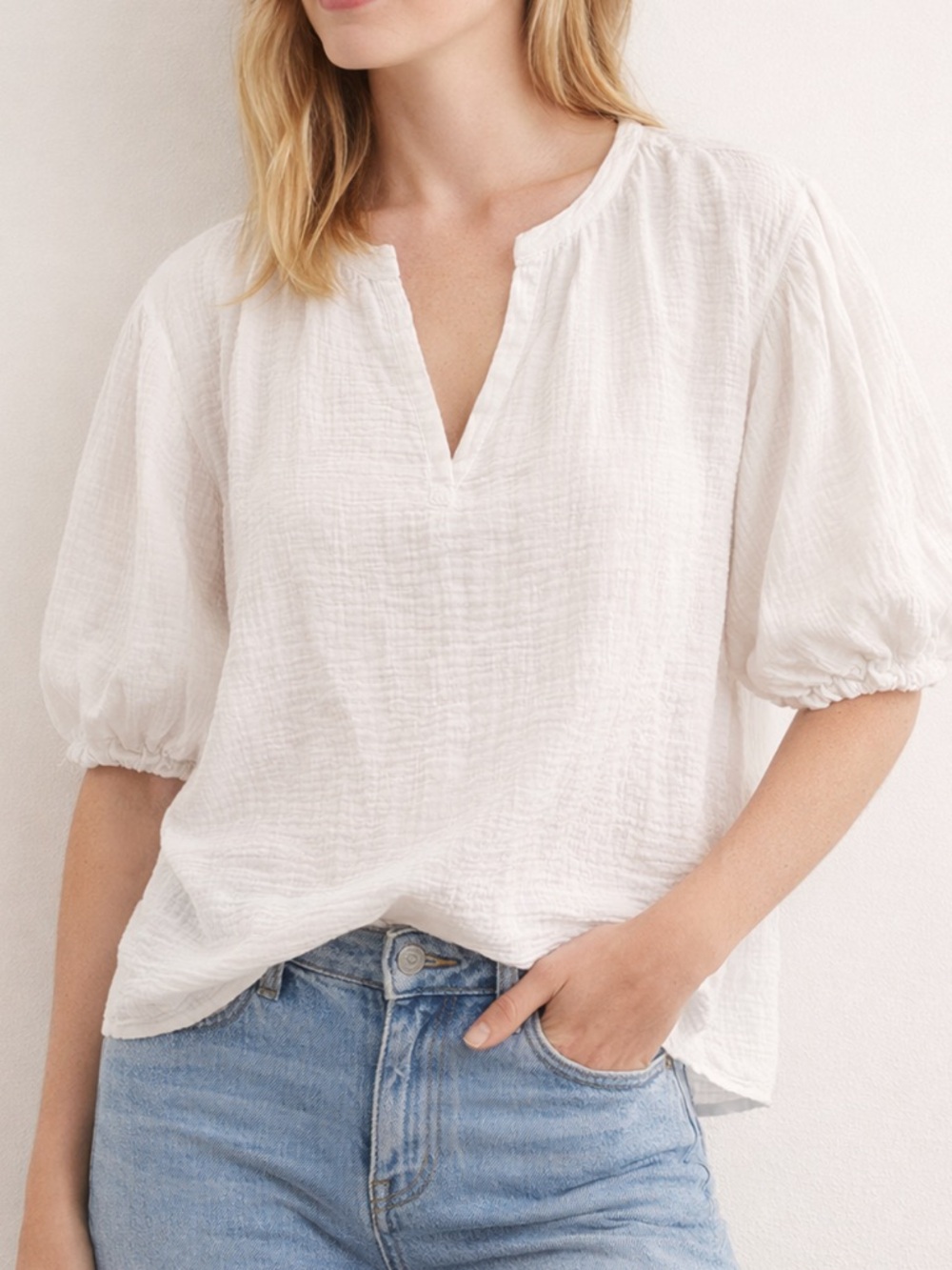 Joie White 100% Cotton Gauze Blouse Boho V Neckline Sz  M Oversized Lightweight
